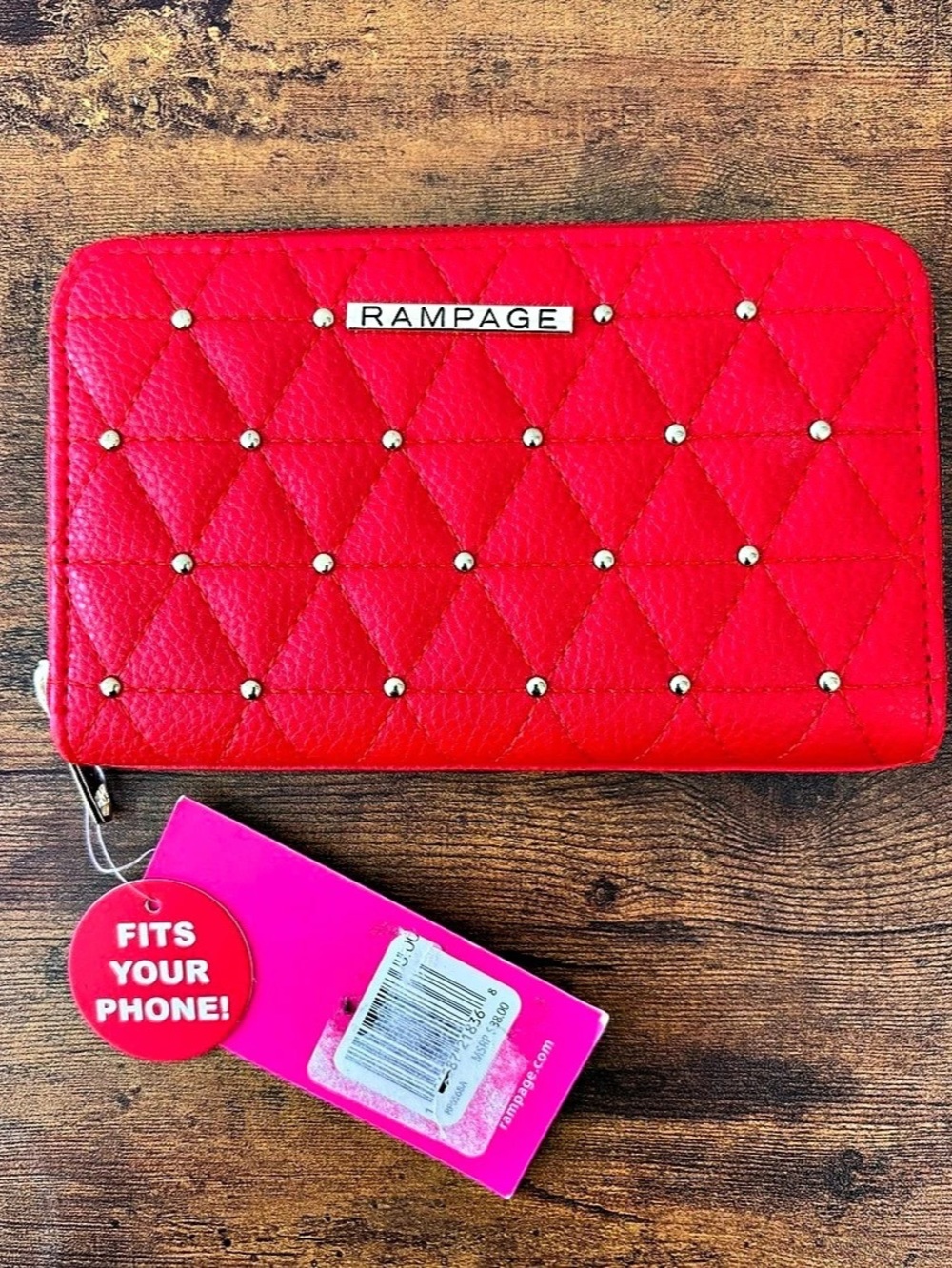 NWT Rampage Bright Pinkish Red Quilted Zip Around Wallet – Gold Studded Detail